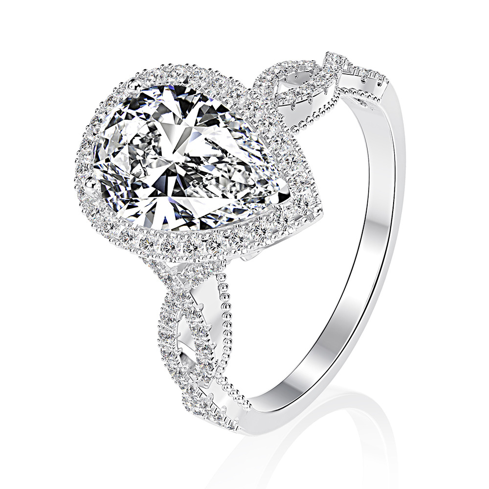 White Diamond Teardrop Shaped Halo Ring with Forked Band and Marquise-Cut Side Stones 925 Sterling Silver Wedding Ringnniversary Gift view 3