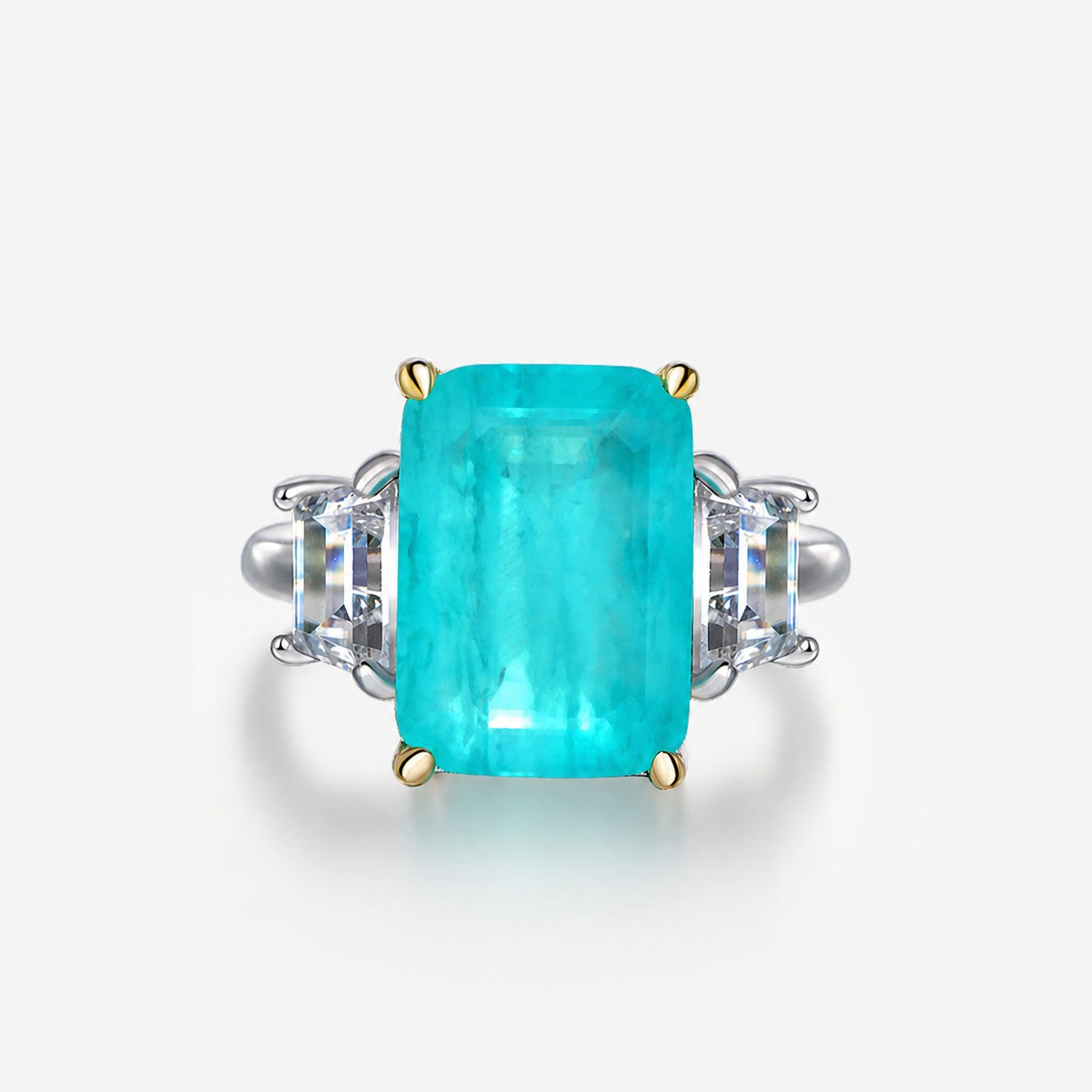 Rectangular Paraíba blue synthetic sapphire 925 sterling silver three stone Ring view 2