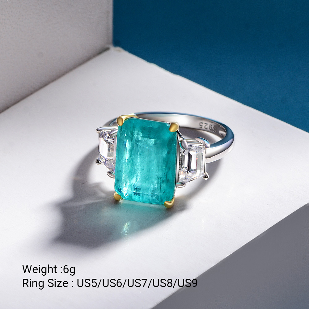 Rectangular Paraíba blue synthetic sapphire 925 sterling silver three stone Ring view 5