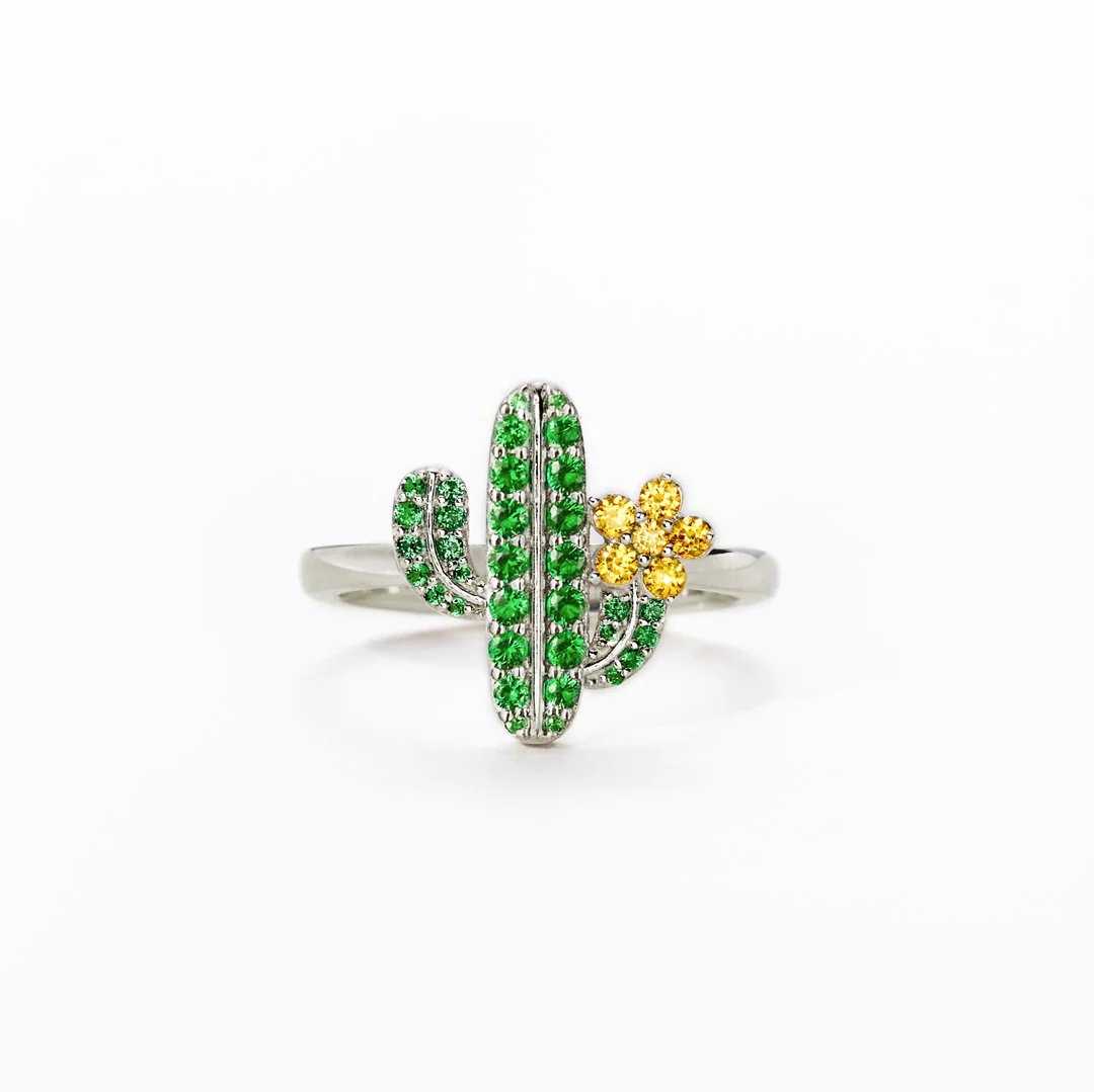 Green Cactus Flower Amazing Crystals 925 Sterling Silver Ring