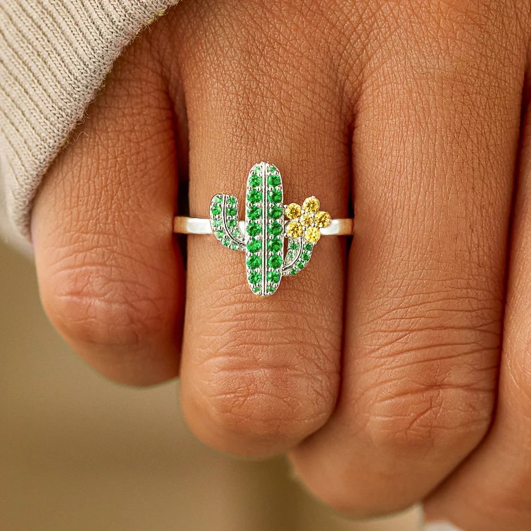 Green Cactus Flower Amazing Crystals 925 Sterling Silver Ring view 2