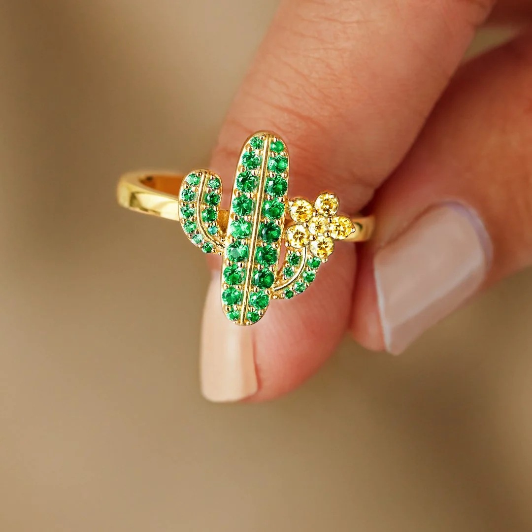 Green Cactus Flower Amazing Crystals 925 Sterling Silver Ring view 3