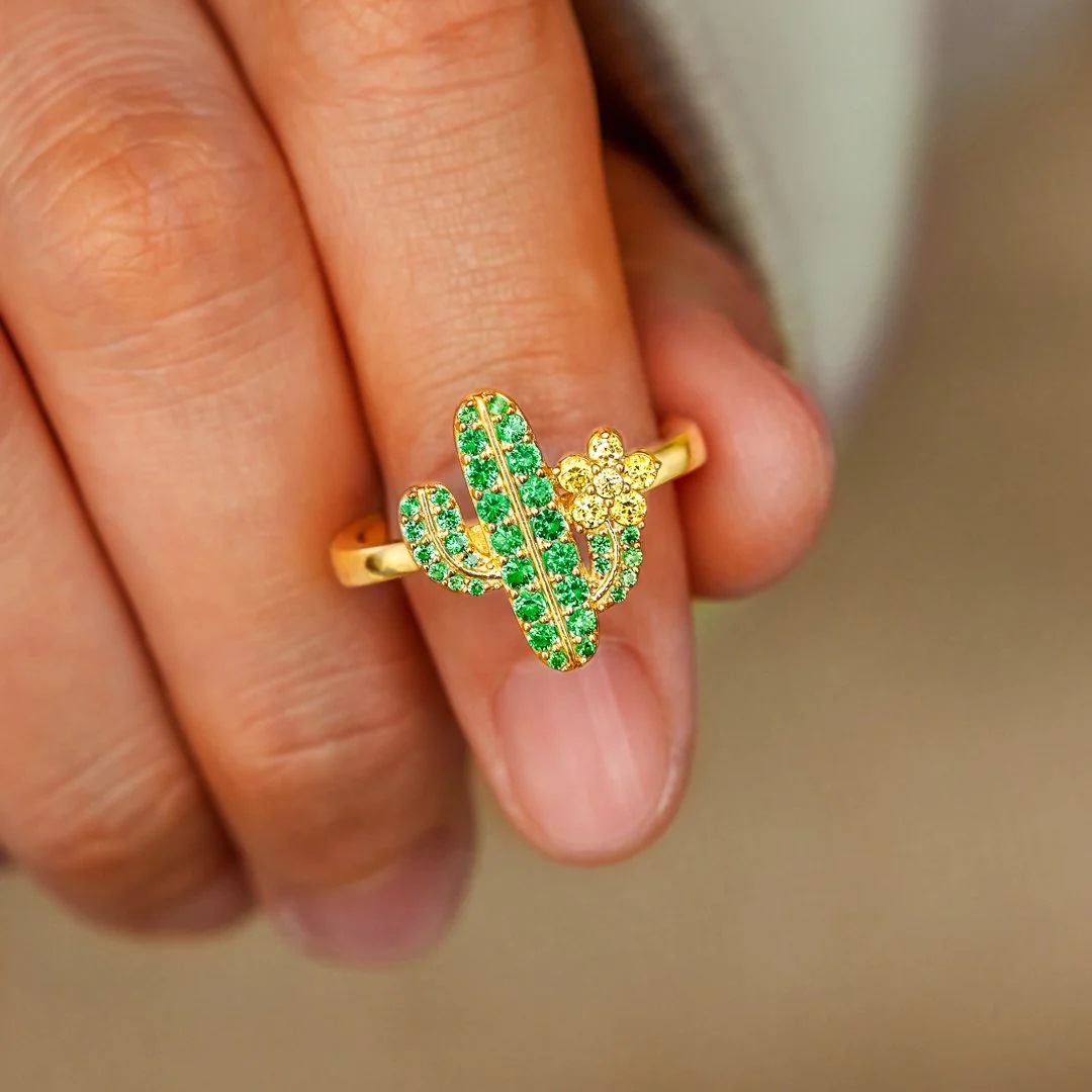 Green Cactus Flower Amazing Crystals 925 Sterling Silver Ring view 4