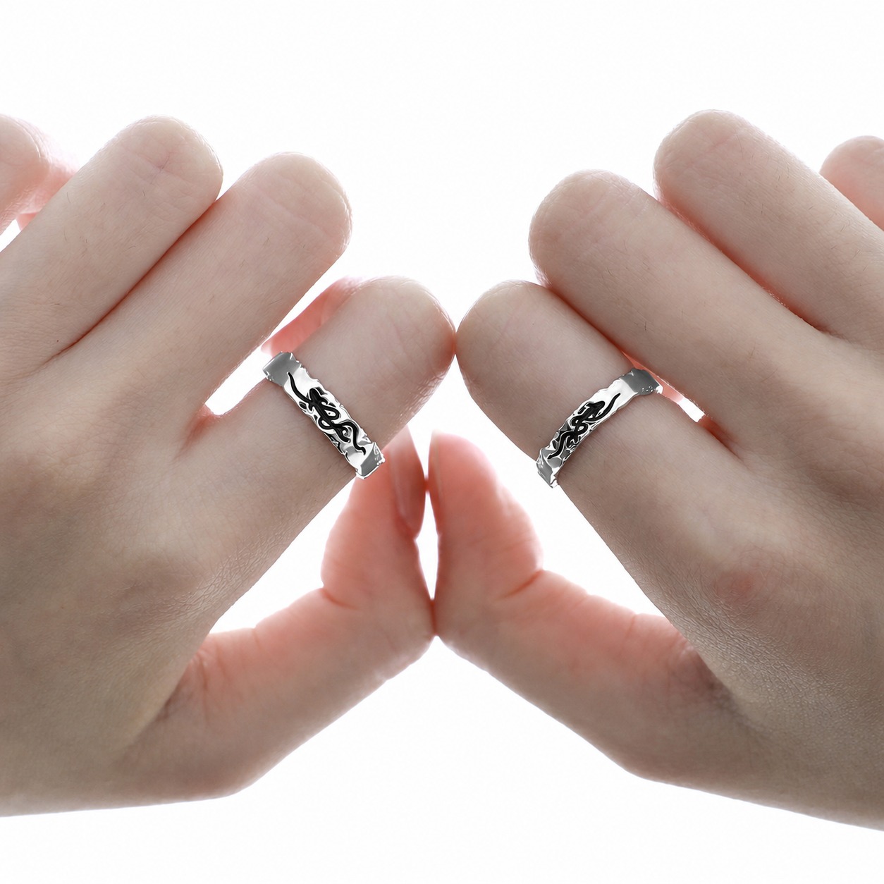 Pisces Chasing the Waves S925 Sterling Silver Adjustable Couple's Ring Set with Black Enamel Openwork Rings view 3