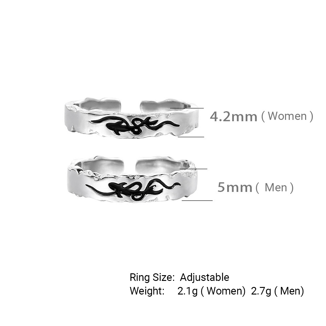 Pisces Chasing the Waves S925 Sterling Silver Adjustable Couple's Ring Set with Black Enamel Openwork Rings view 6