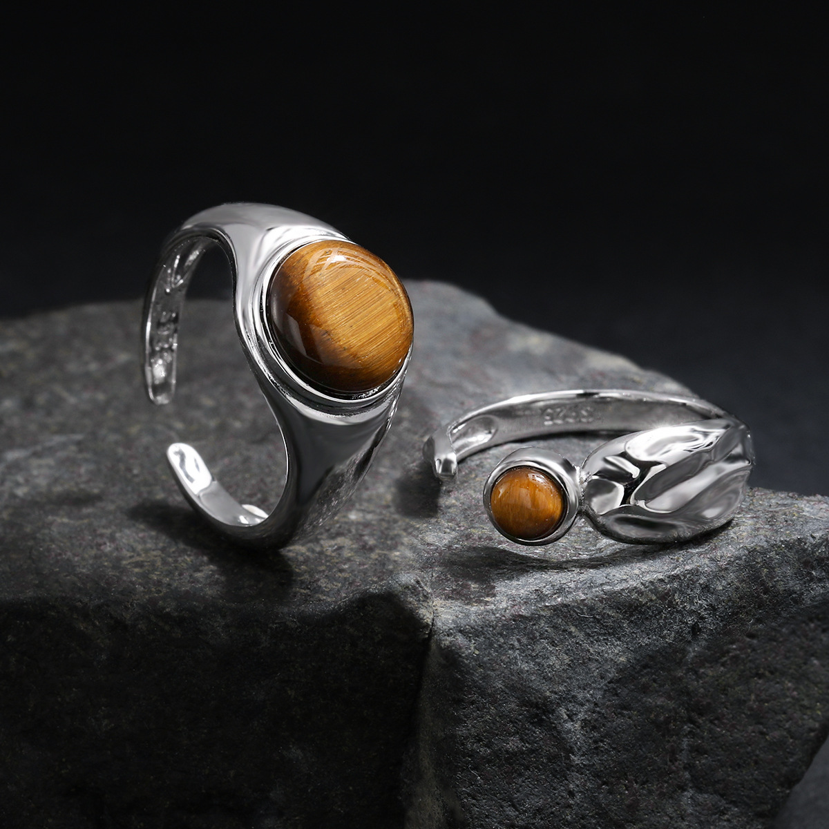 Natural Tiger's Eye 925 Sterling Silver Natural Stone Adjustable Open Band Wide Rimmed Leaf-Shaped Twisted Ring view 2