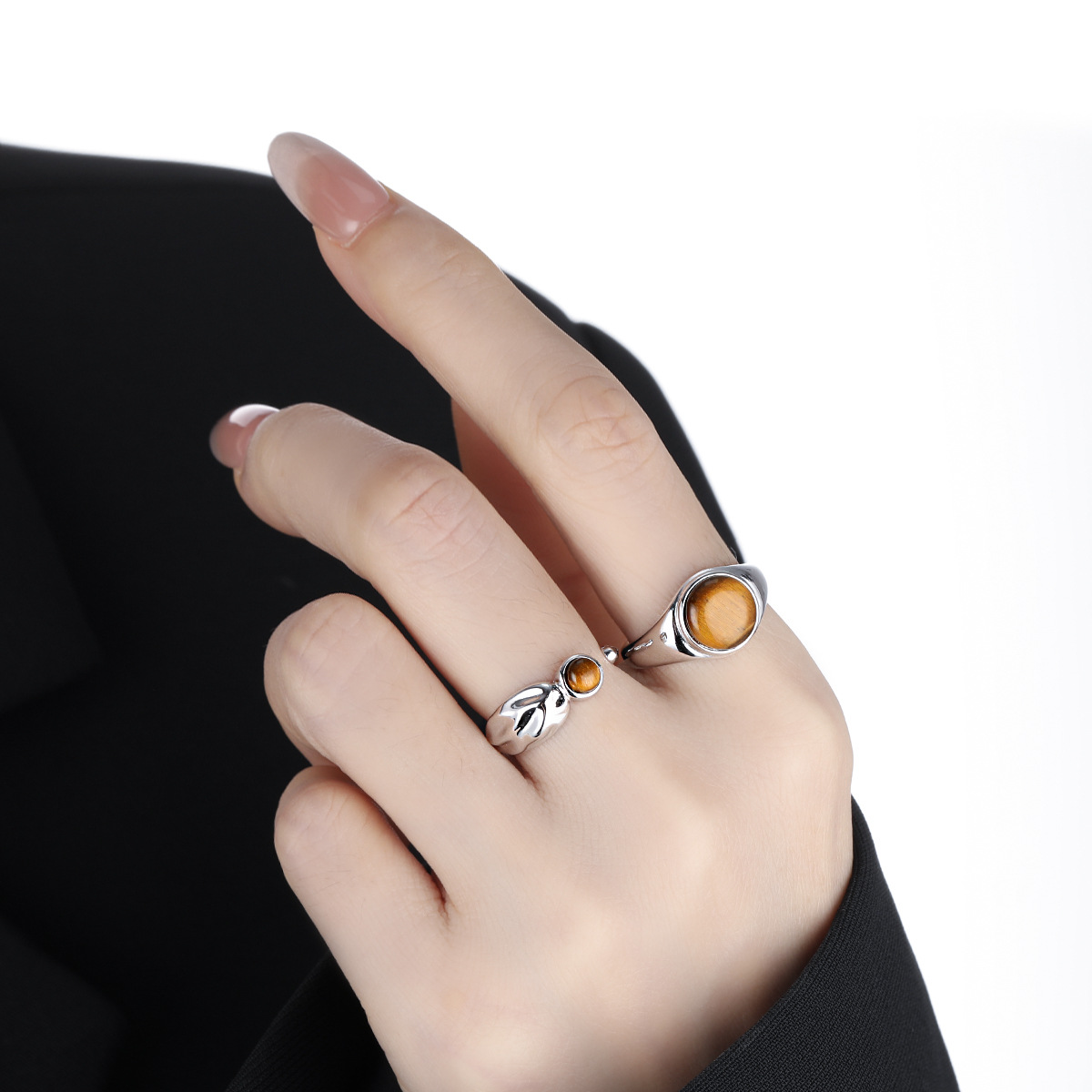 Natural Tiger's Eye 925 Sterling Silver Natural Stone Adjustable Open Band Wide Rimmed Leaf-Shaped Twisted Ring view 3