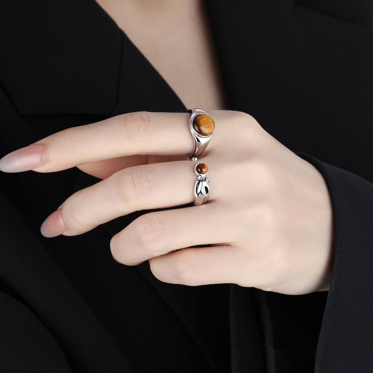 Natural Tiger's Eye 925 Sterling Silver Natural Stone Adjustable Open Band Wide Rimmed Leaf-Shaped Twisted Ring view 4