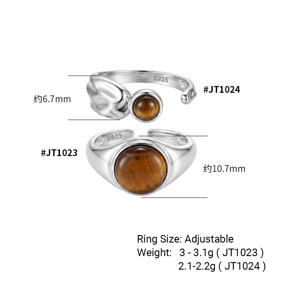 Natural Tiger's Eye 925 Sterling Silver Natural Stone Adjustable Open Band Wide Rimmed Leaf-Shaped Twisted Ring view 5