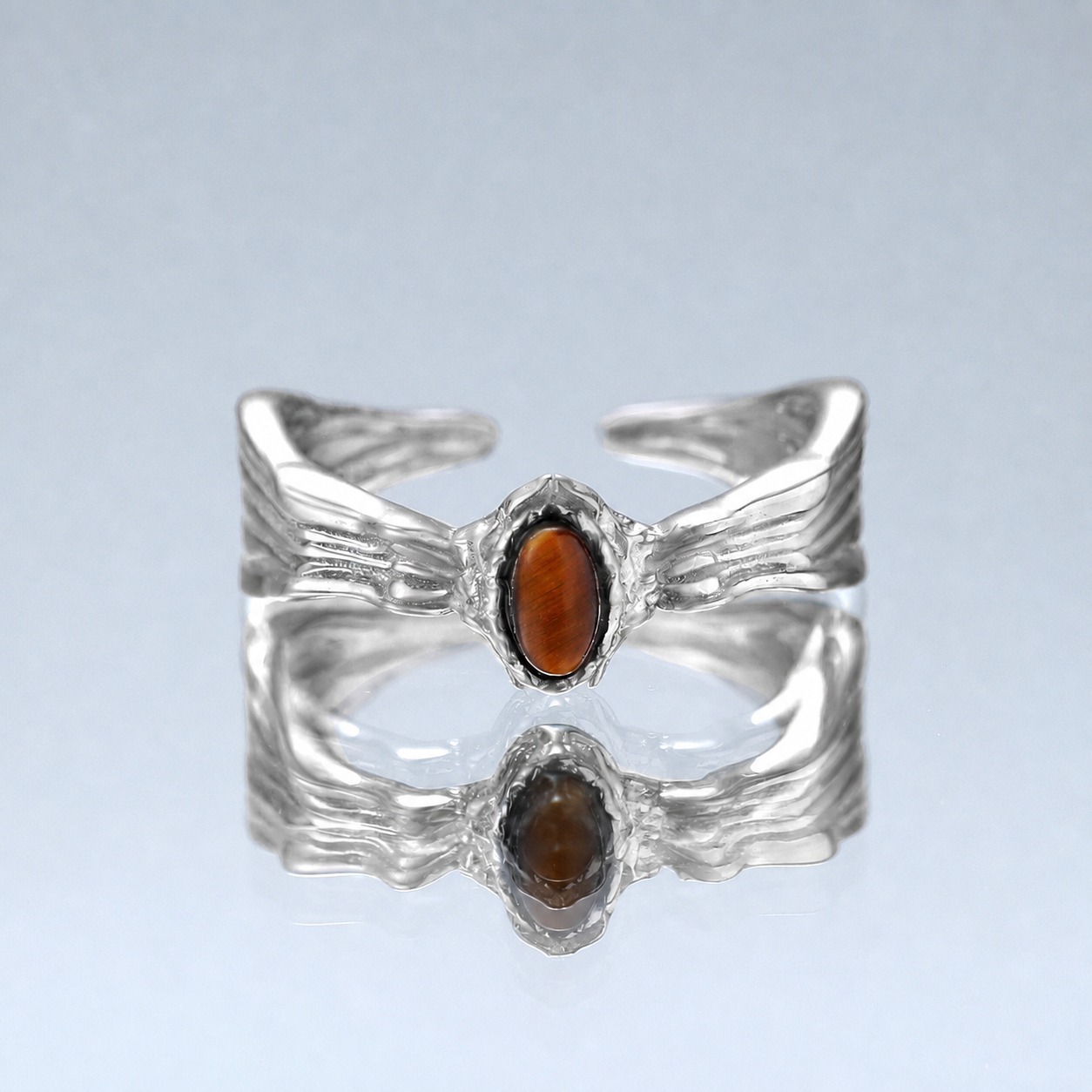 Natural Brown Tiger Eye Oval Cabochon 925 Sterling Silver Ring with Wavy Texture and Openwork Design Ring view 3