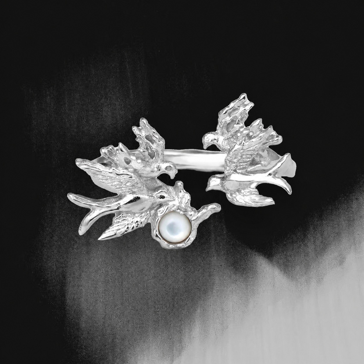 White Shell Bird Animal Motif 925 Sterling Silver Openwork Ring view 2