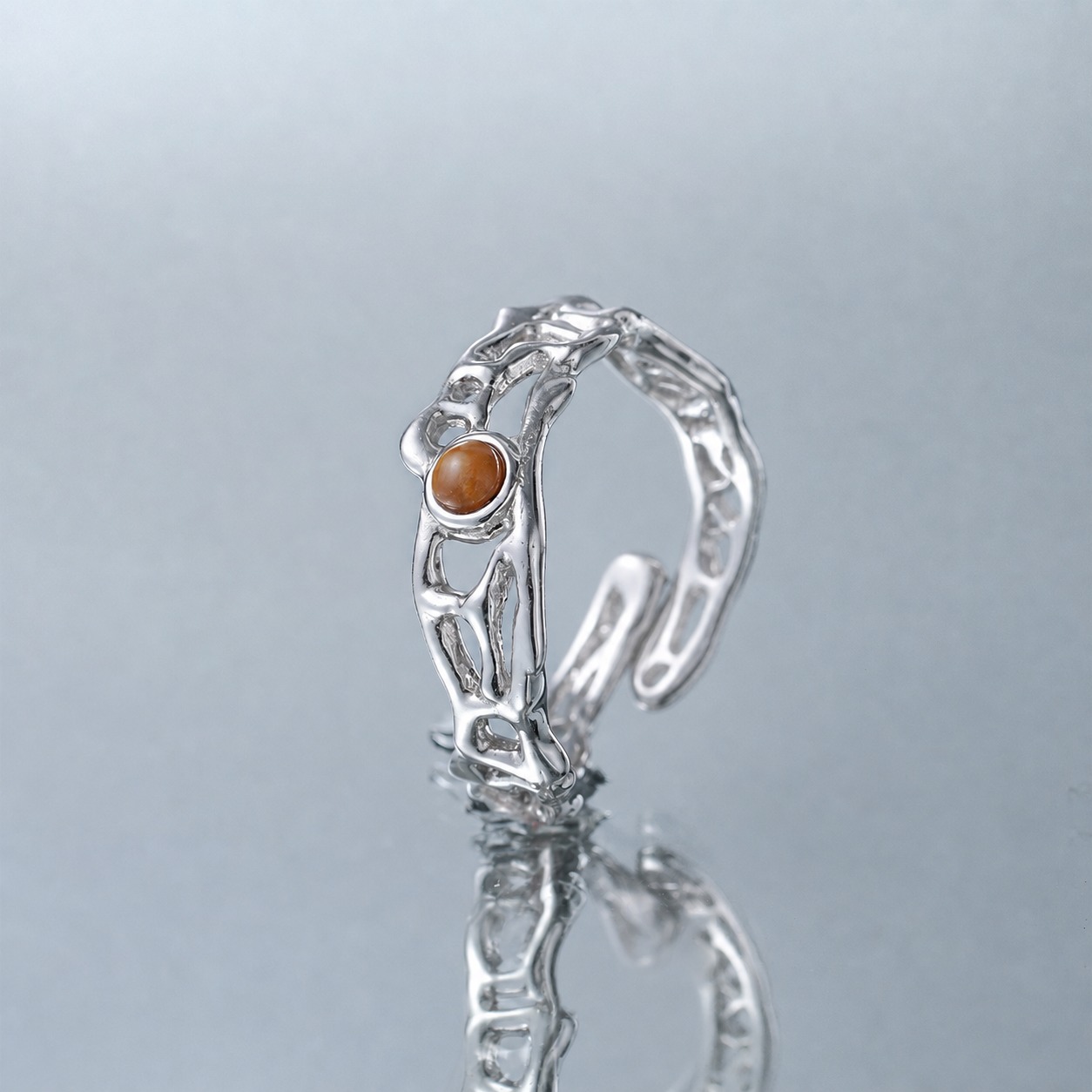 Modern Natural Tiger's Eye Irregular Openwork Pattern 925 Sterling Silver Adjustable Ring view 2