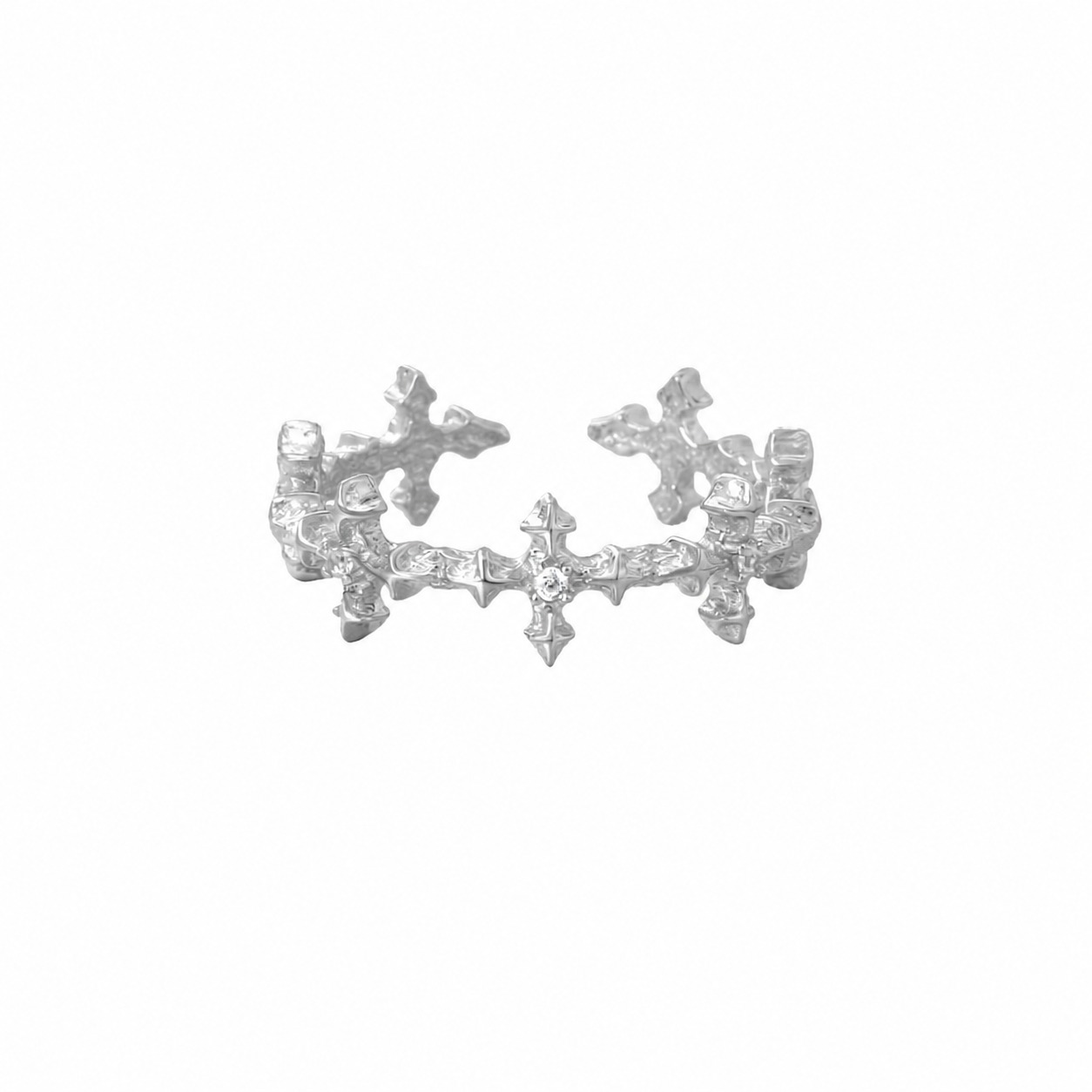 Amazing Crystals Four-Pointed Star Cross Openwork Minimalist Cool Style S925 Sterling Silver Adjustable Ring
