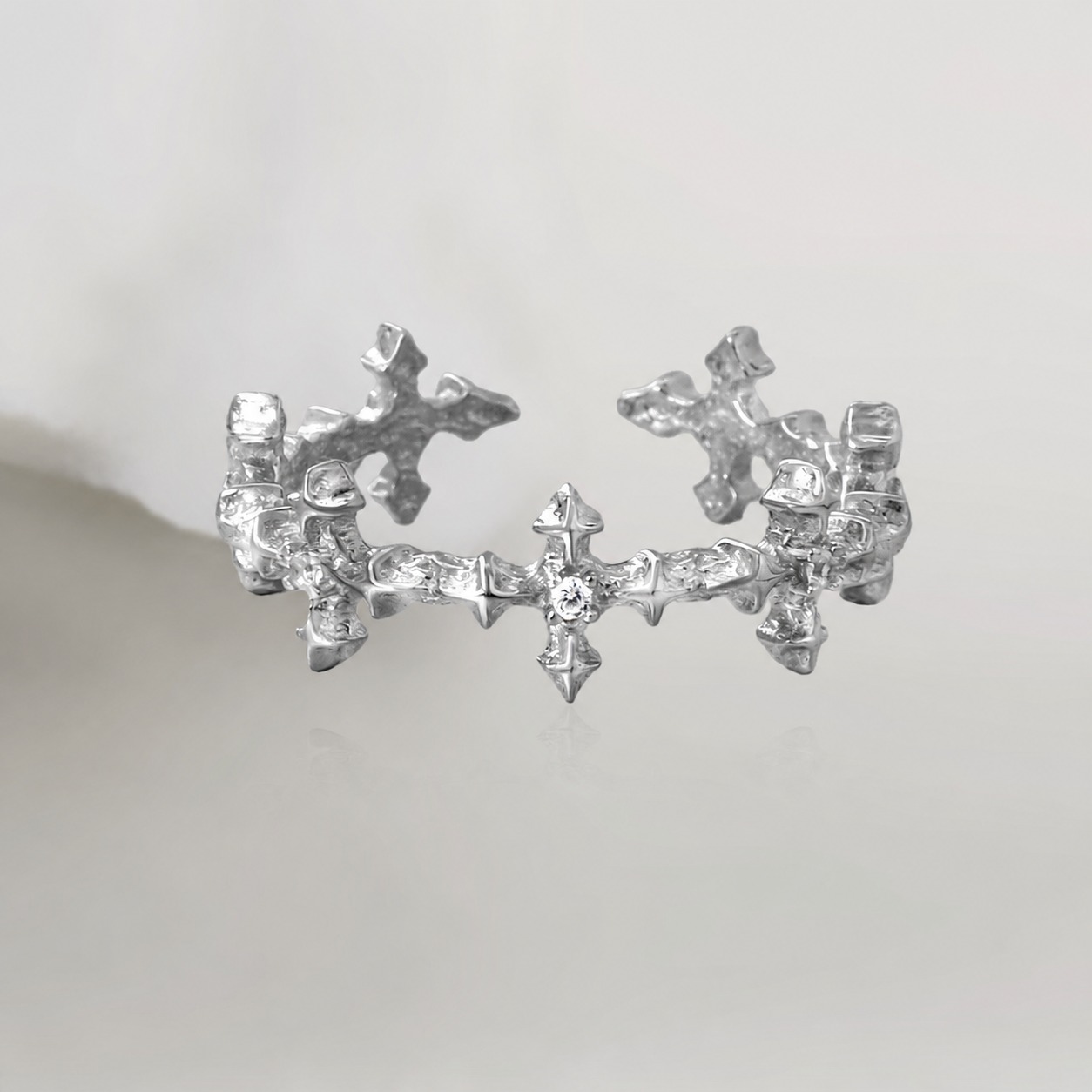 Amazing Crystals Four-Pointed Star Cross Openwork Minimalist Cool Style S925 Sterling Silver Adjustable Ring view 2