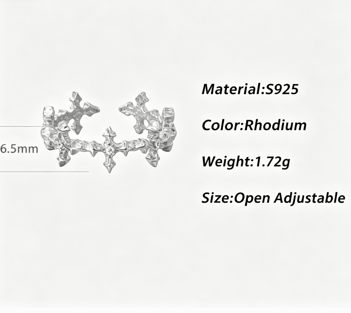 Amazing Crystals Four-Pointed Star Cross Openwork Minimalist Cool Style S925 Sterling Silver Adjustable Ring view 6