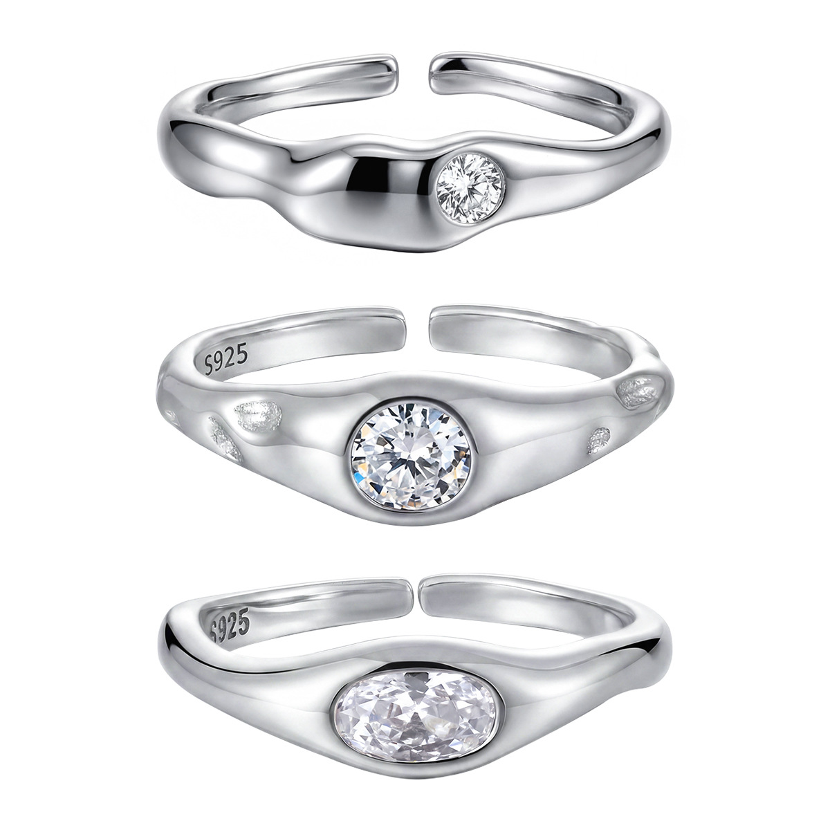 Amazing Crystals Geometric Oval and Round Setting 925 Sterling Silver Adjustable Open Band Minimalist Wavy Ring