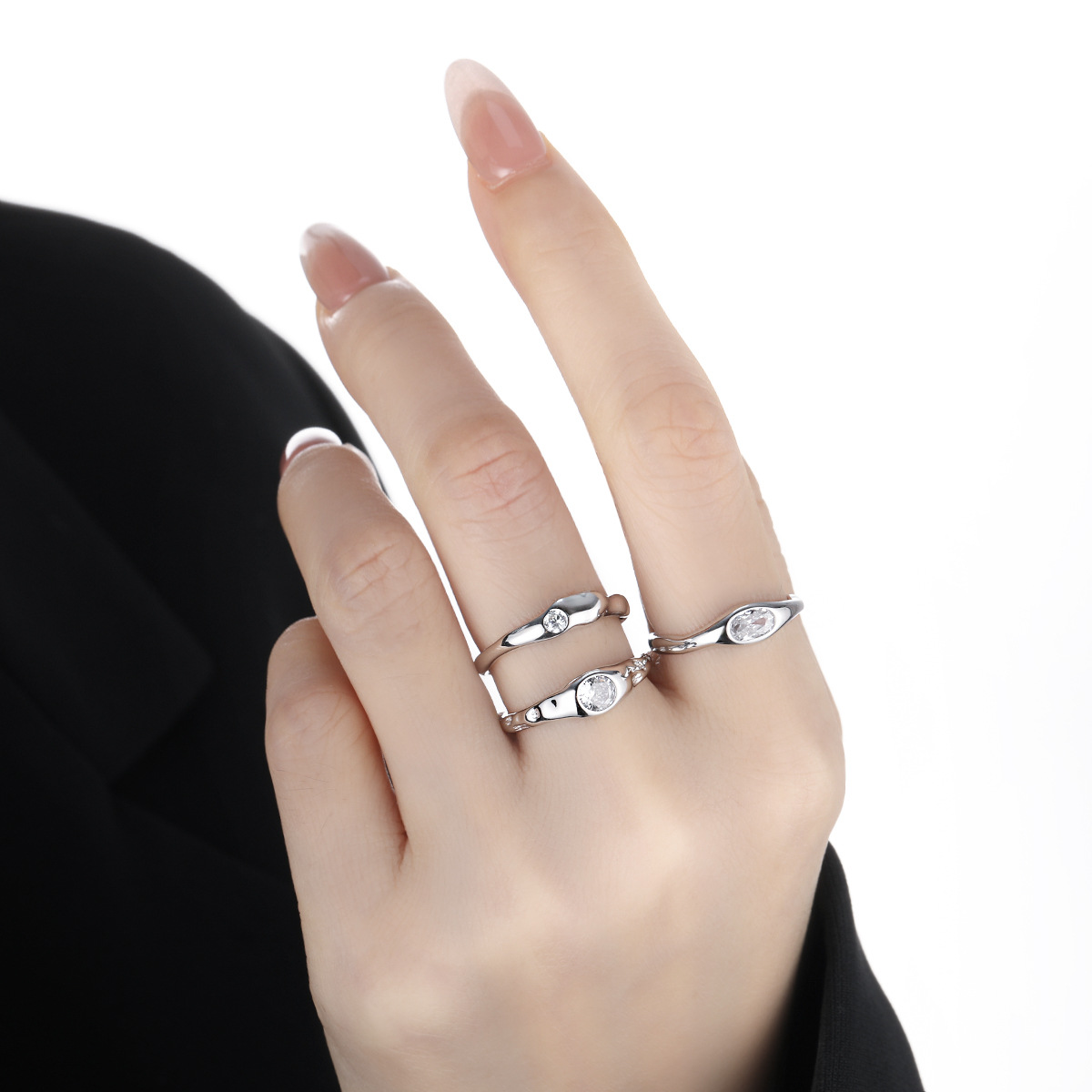 Amazing Crystals Geometric Oval and Round Setting 925 Sterling Silver Adjustable Open Band Minimalist Wavy Ring view 4