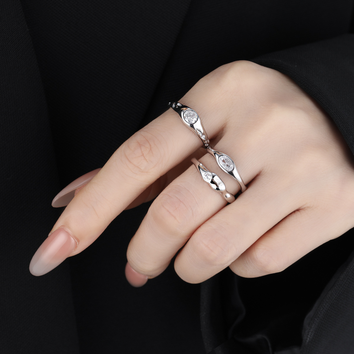 Amazing Crystals Geometric Oval and Round Setting 925 Sterling Silver Adjustable Open Band Minimalist Wavy Ring view 5