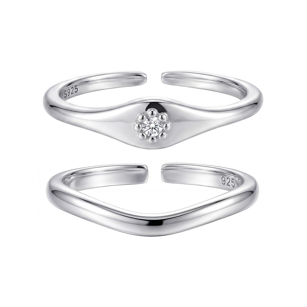 Minimalist Modern Geometric Wave 925 Sterling Silver Ring with Amazing Crystals Adjustable Ring