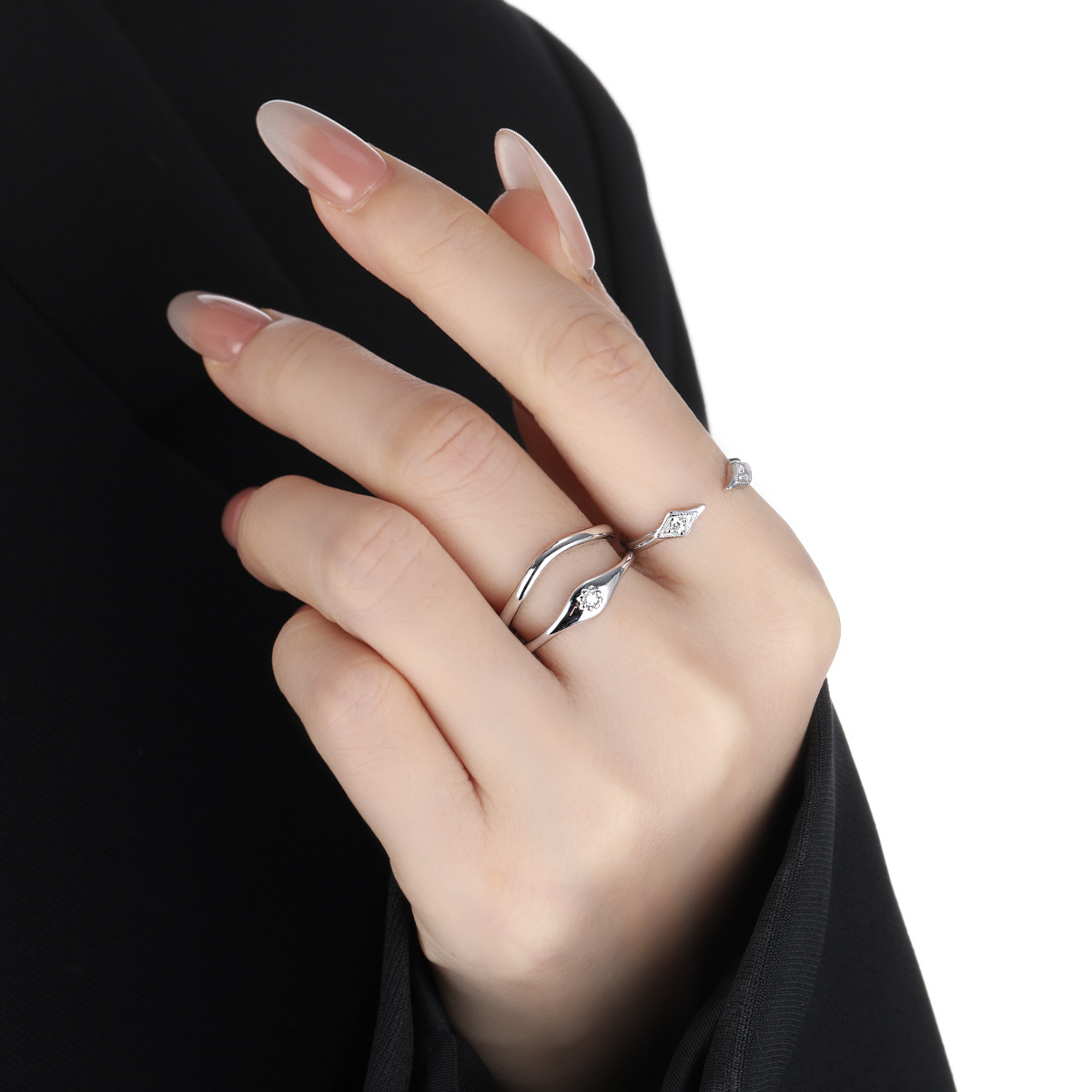 Minimalist Modern Geometric Wave 925 Sterling Silver Ring with Amazing Crystals Adjustable Ring view 3