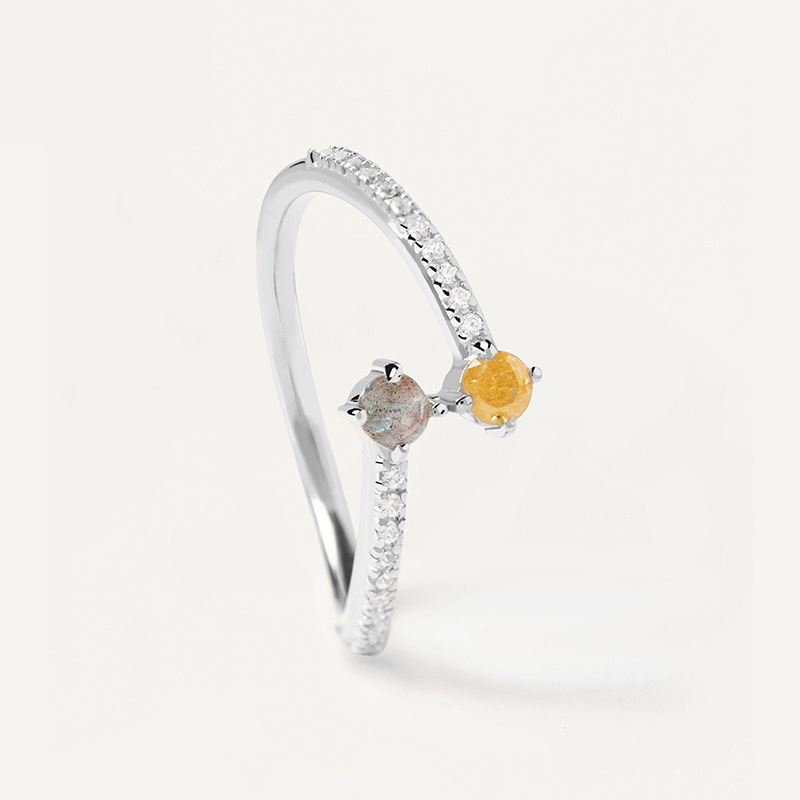Amazing Crystals Open Adjustable Ring 925 Sterling Silver Minimalist Pave Band Dual Round Stone Fashion Ring view 3