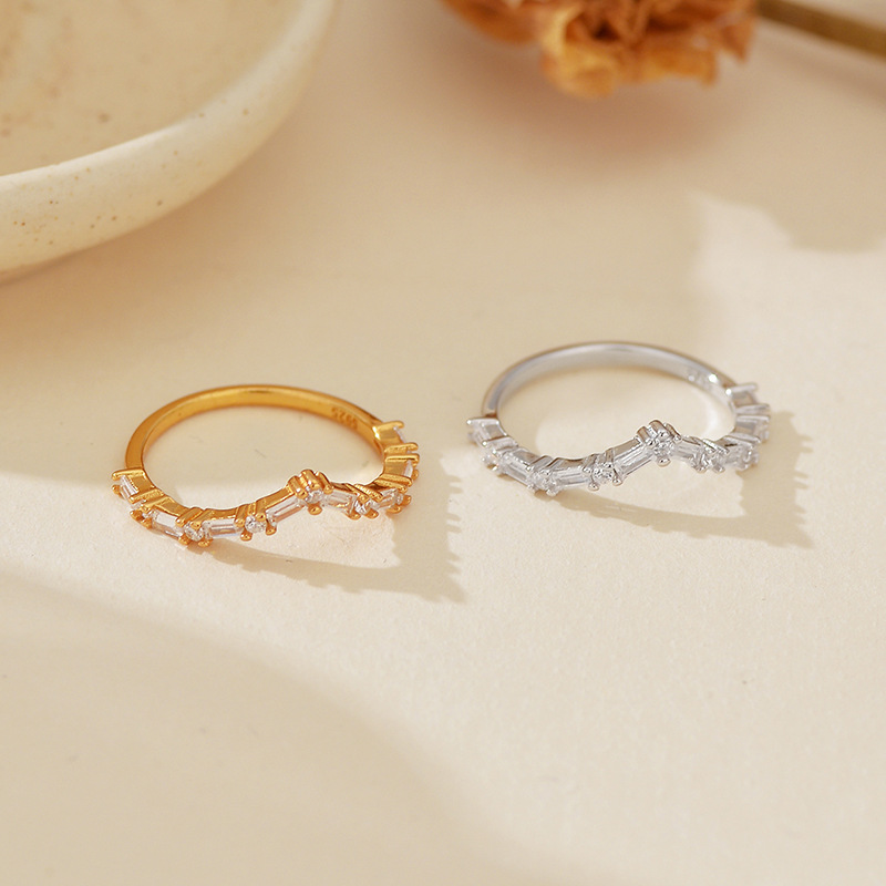 Modern Minimalist Fashion Jewelry Geometric Irregular Amazing Crystals 925 Sterling Silver Micro Set Baguette Round Clear Stone Ring view 3