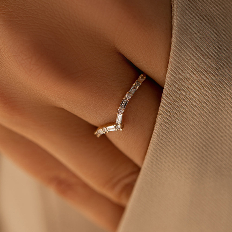 Modern Minimalist Fashion Jewelry Geometric Irregular Amazing Crystals 925 Sterling Silver Micro Set Baguette Round Clear Stone Ring view 4