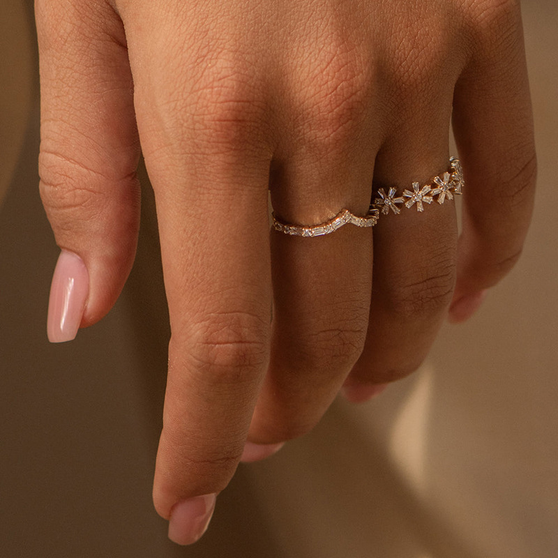Modern Minimalist Fashion Jewelry Geometric Irregular Amazing Crystals 925 Sterling Silver Micro Set Baguette Round Clear Stone Ring view 5