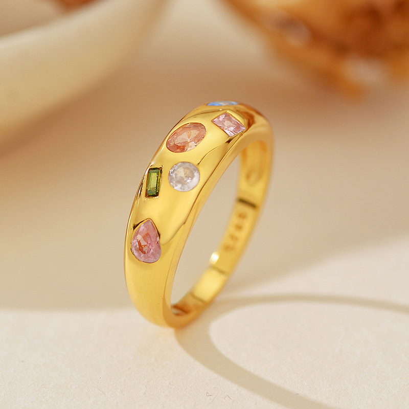 Modern Elegant Statement Jewelry Multicolor Geometric Amazing Crystals 925 Sterling Silver Ring Yellow Gold Band Ring view 2