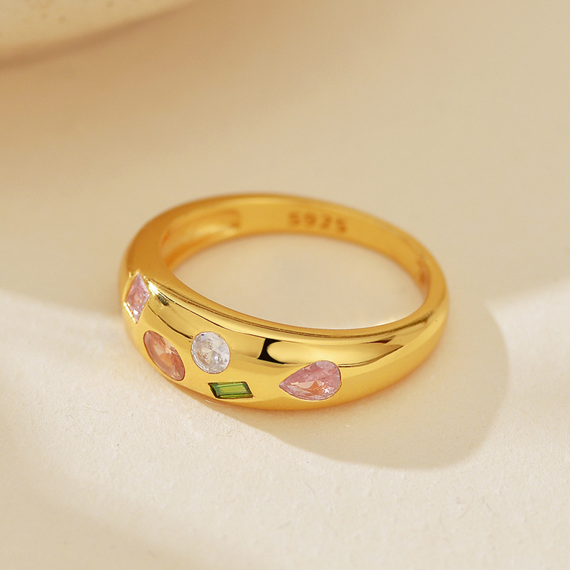 Modern Elegant Statement Jewelry Multicolor Geometric Amazing Crystals 925 Sterling Silver Ring Yellow Gold Band Ring view 3