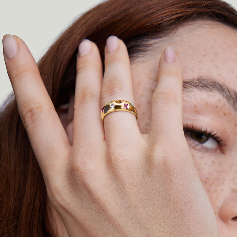 Modern Elegant Statement Jewelry Multicolor Geometric Amazing Crystals 925 Sterling Silver Ring Yellow Gold Band Ring view 5