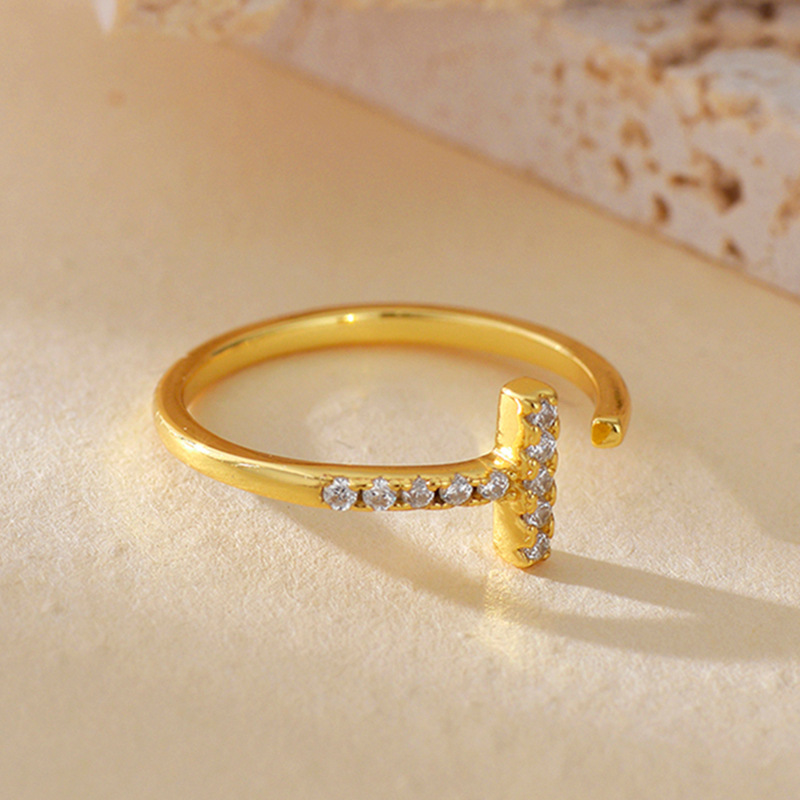 Geometric T Bar Amazing Crystals Open Ring 925 Sterling Silver Minimalist Line Design Adjustable Ring view 2