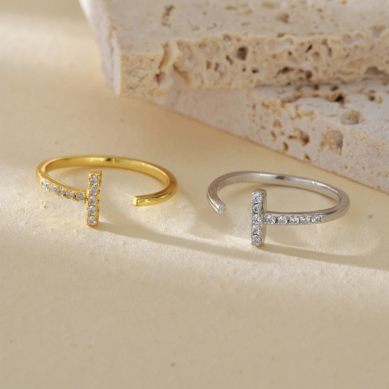 Geometric T Bar Amazing Crystals Open Ring 925 Sterling Silver Minimalist Line Design Adjustable Ring view 3