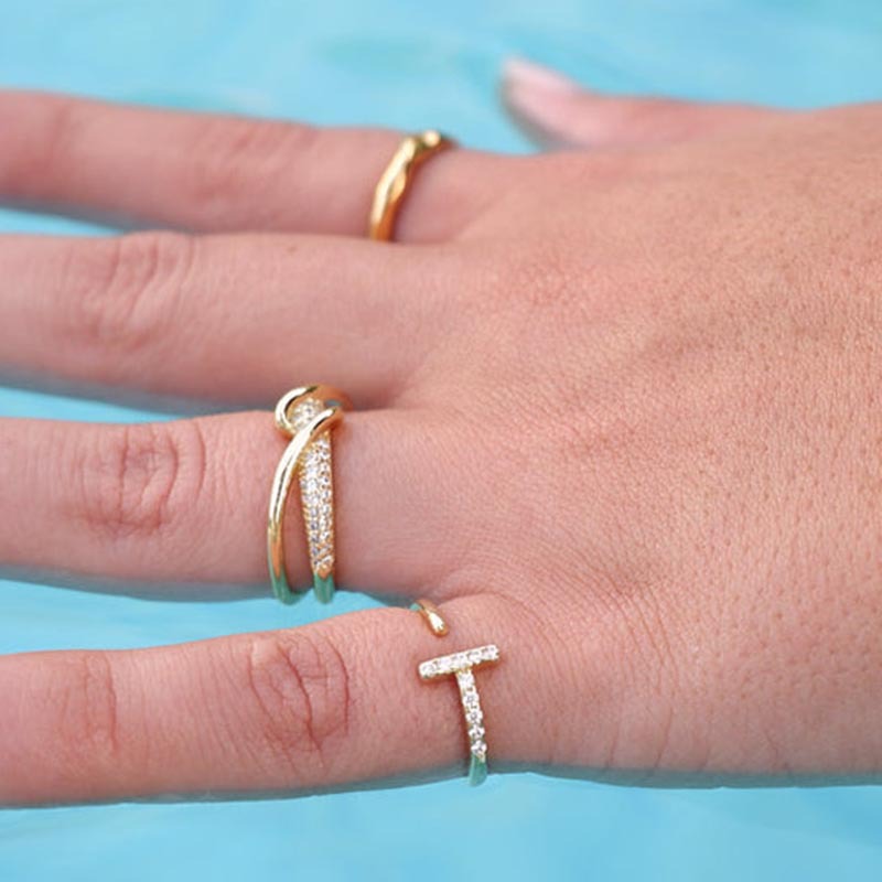 Geometric T Bar Amazing Crystals Open Ring 925 Sterling Silver Minimalist Line Design Adjustable Ring view 4