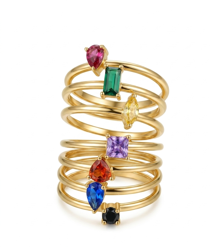 Personalized Birthstone Women Dainty Thin Band Multi Shape Amazing Crystals Stones 18K Gold Plated 12 Birthstone Stackable Ring view 2