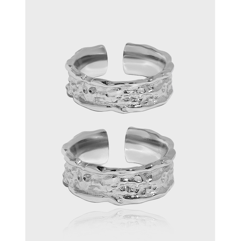 Pure Metal Irregular Hammered Textured Silver Color S925 Sterling Silver Open Adjustable Wide Band Ring view 2