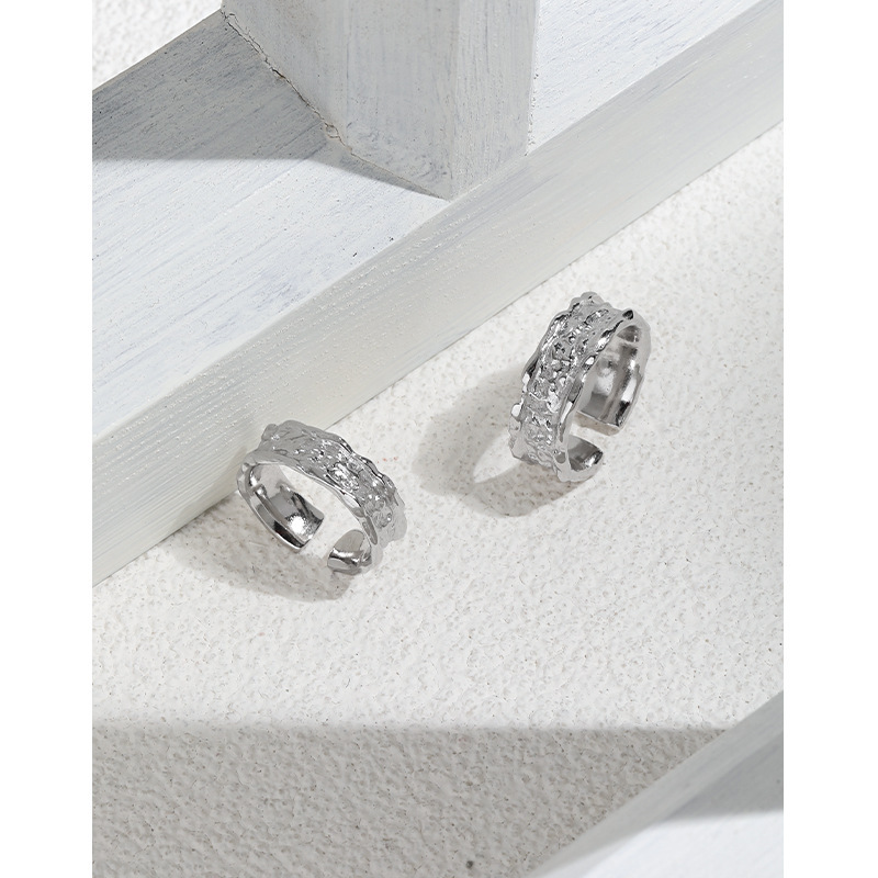 Pure Metal Irregular Hammered Textured Silver Color S925 Sterling Silver Open Adjustable Wide Band Ring view 3