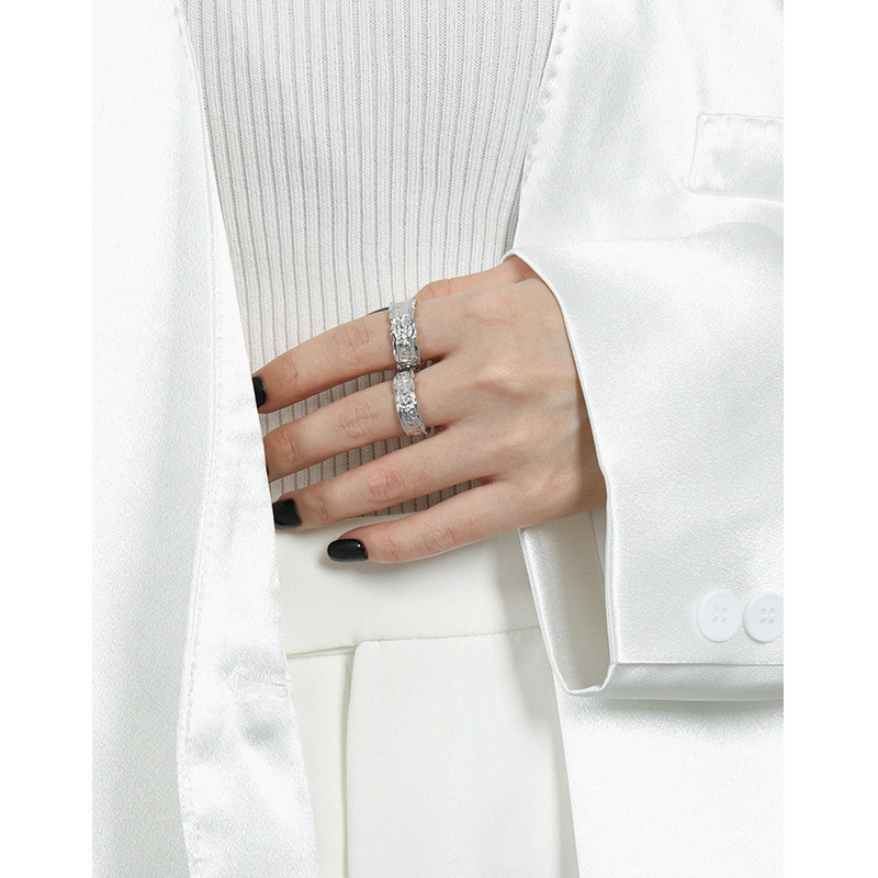 Pure Metal Irregular Hammered Textured Silver Color S925 Sterling Silver Open Adjustable Wide Band Ring view 4