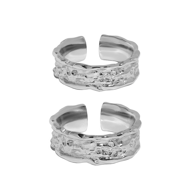 Pure Metal Irregular Hammered Textured Silver Color S925 Sterling Silver Open Adjustable Wide Band Ring view 6