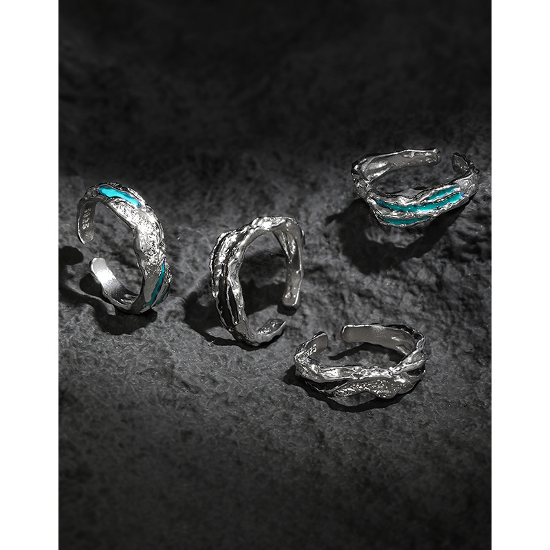 Irregular Textured Geometric Teal And Black Enamel Pure Metal 925 Sterling Silver Adjustable Open Ring view 2