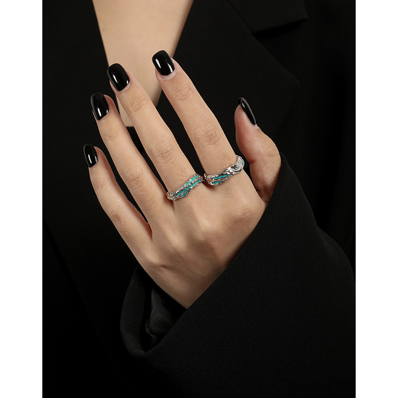 Irregular Textured Geometric Teal And Black Enamel Pure Metal 925 Sterling Silver Adjustable Open Ring view 3