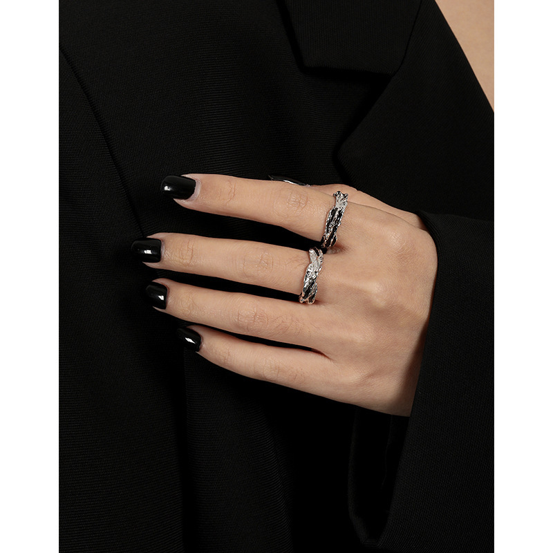 Irregular Textured Geometric Teal And Black Enamel Pure Metal 925 Sterling Silver Adjustable Open Ring view 4