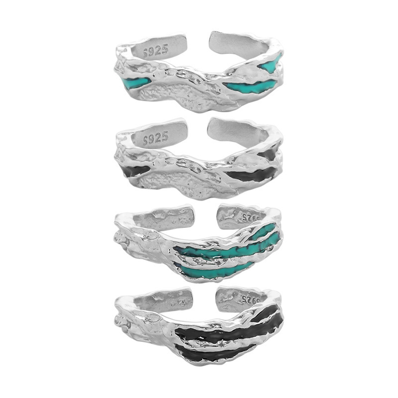 Irregular Textured Geometric Teal And Black Enamel Pure Metal 925 Sterling Silver Adjustable Open Ring view 5