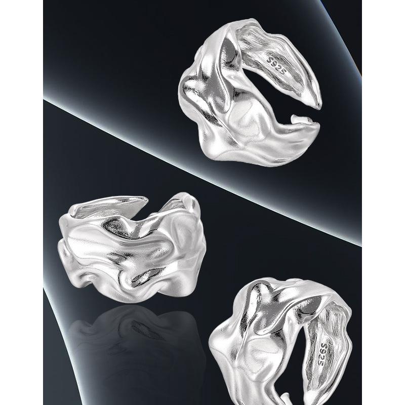 Pure Metal Irregular Wrinkled Textured Wide Band Open Adjustable Ring view 2