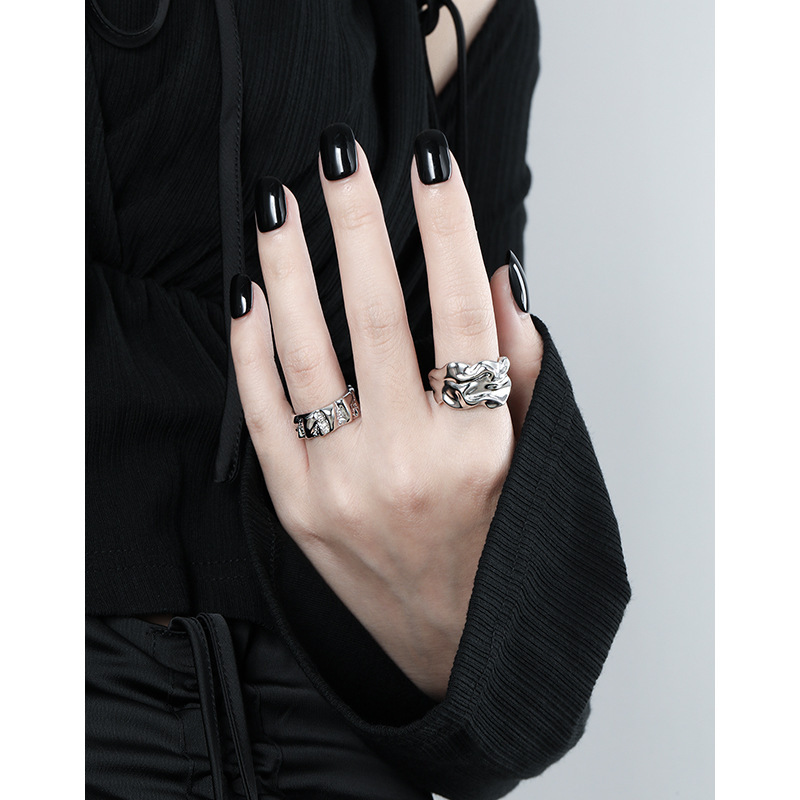 Pure Metal Irregular Wrinkled Textured Wide Band Open Adjustable Ring view 3