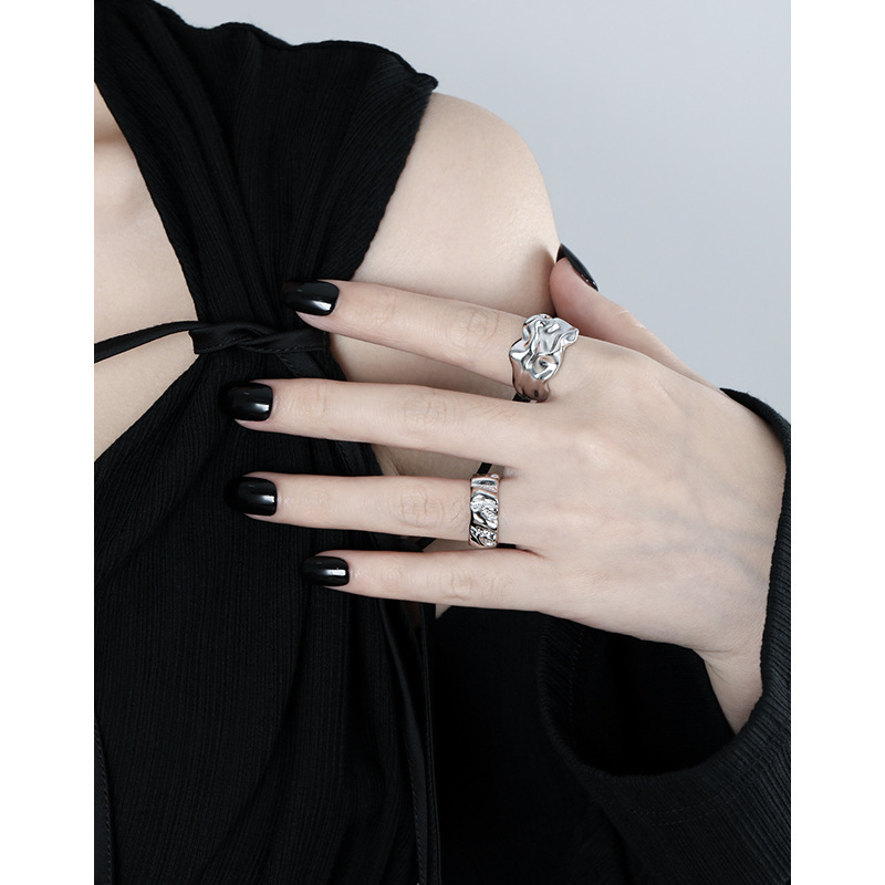 Pure Metal Irregular Wrinkled Textured Wide Band Open Adjustable Ring view 4
