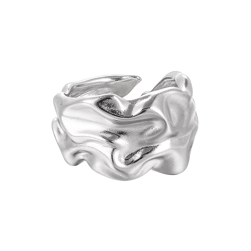 Pure Metal Irregular Wrinkled Textured Wide Band Open Adjustable Ring view 5