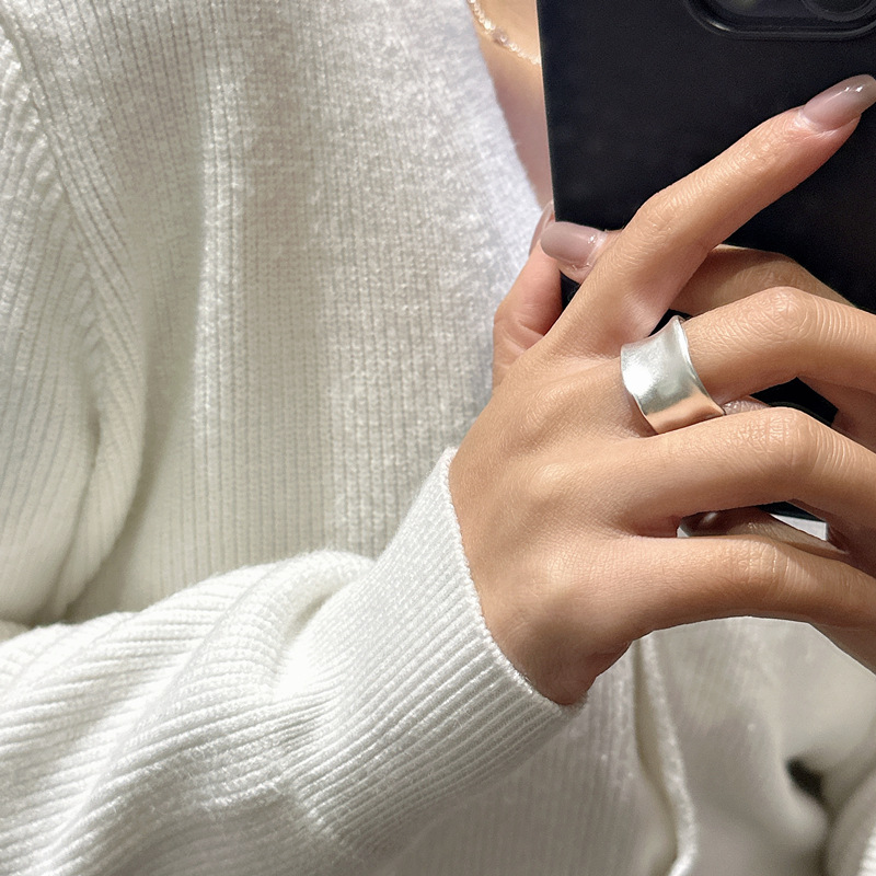 Wide Band Irregular Wave Silver Color Solid 925 Sterling Silver Adjustable Open Ring view 3
