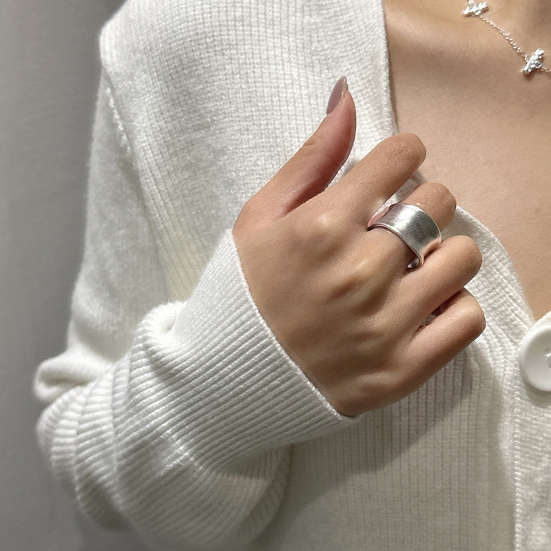 Wide Band Irregular Wave Silver Color Solid 925 Sterling Silver Adjustable Open Ring view 4