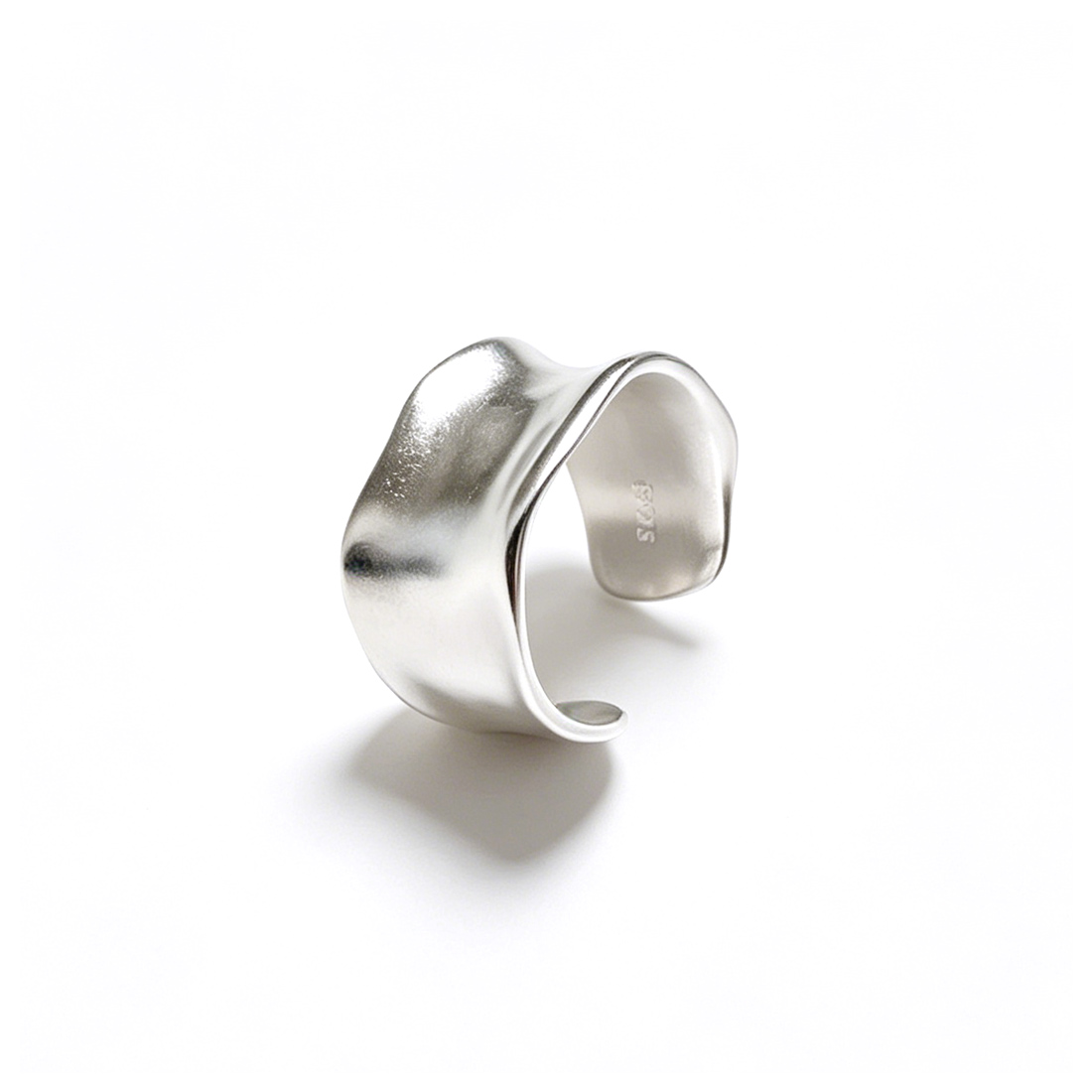 Wide Band Irregular Wave Silver Color Solid 925 Sterling Silver Adjustable Open Ring view 7